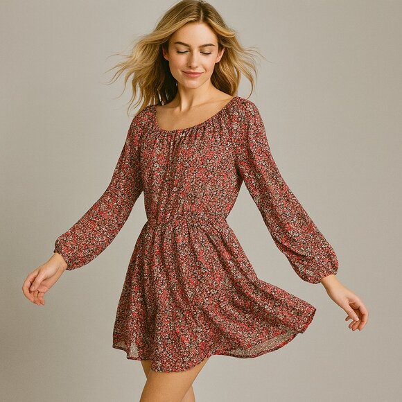 Olsenboye L Floral Chiffon Peasant Dress Vintage Boho Cottagecore Ditzy Prairie - Picture 1 of 8